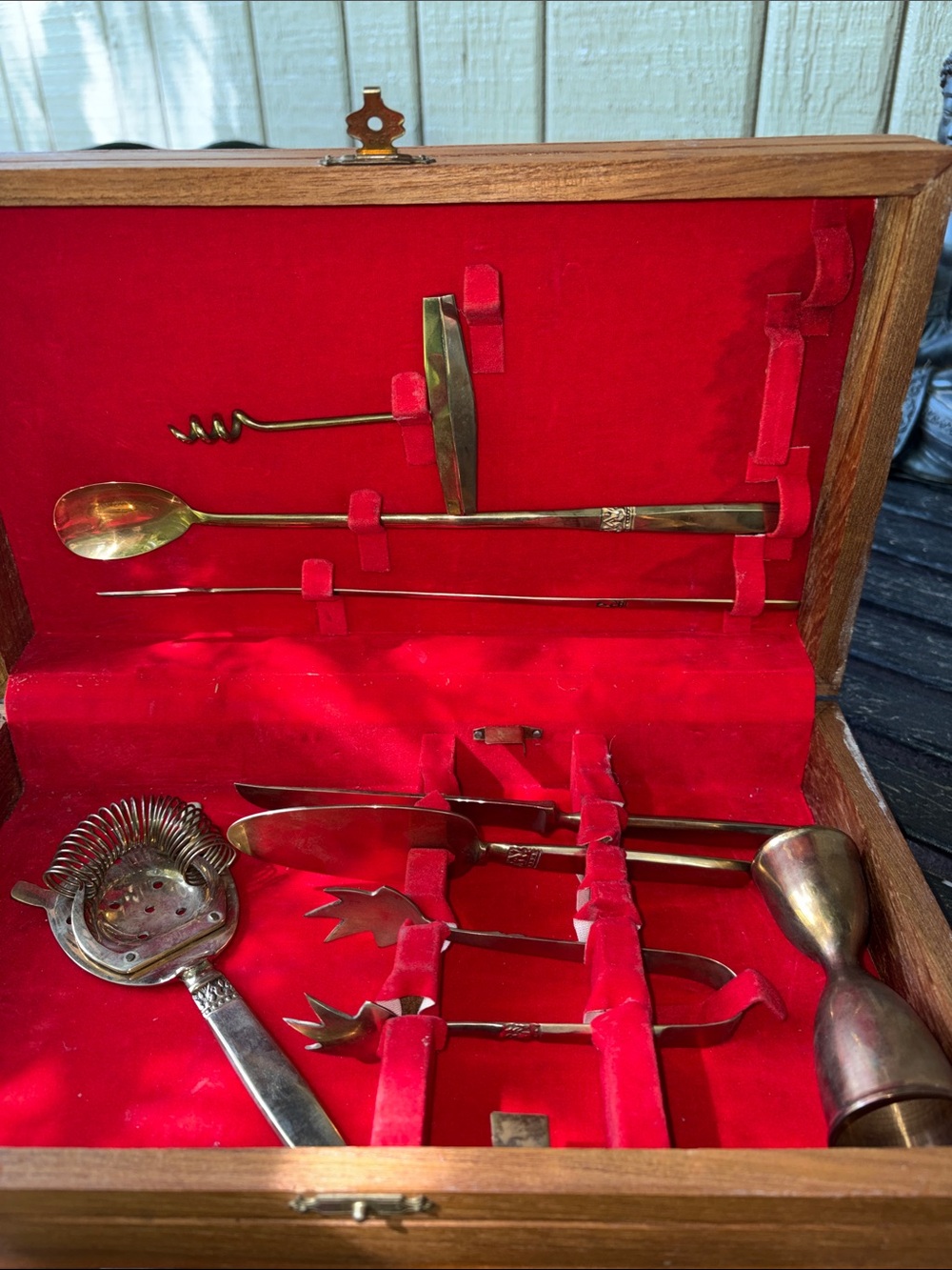 Vintage Brass Bar Tool Set in Red Velvet Case